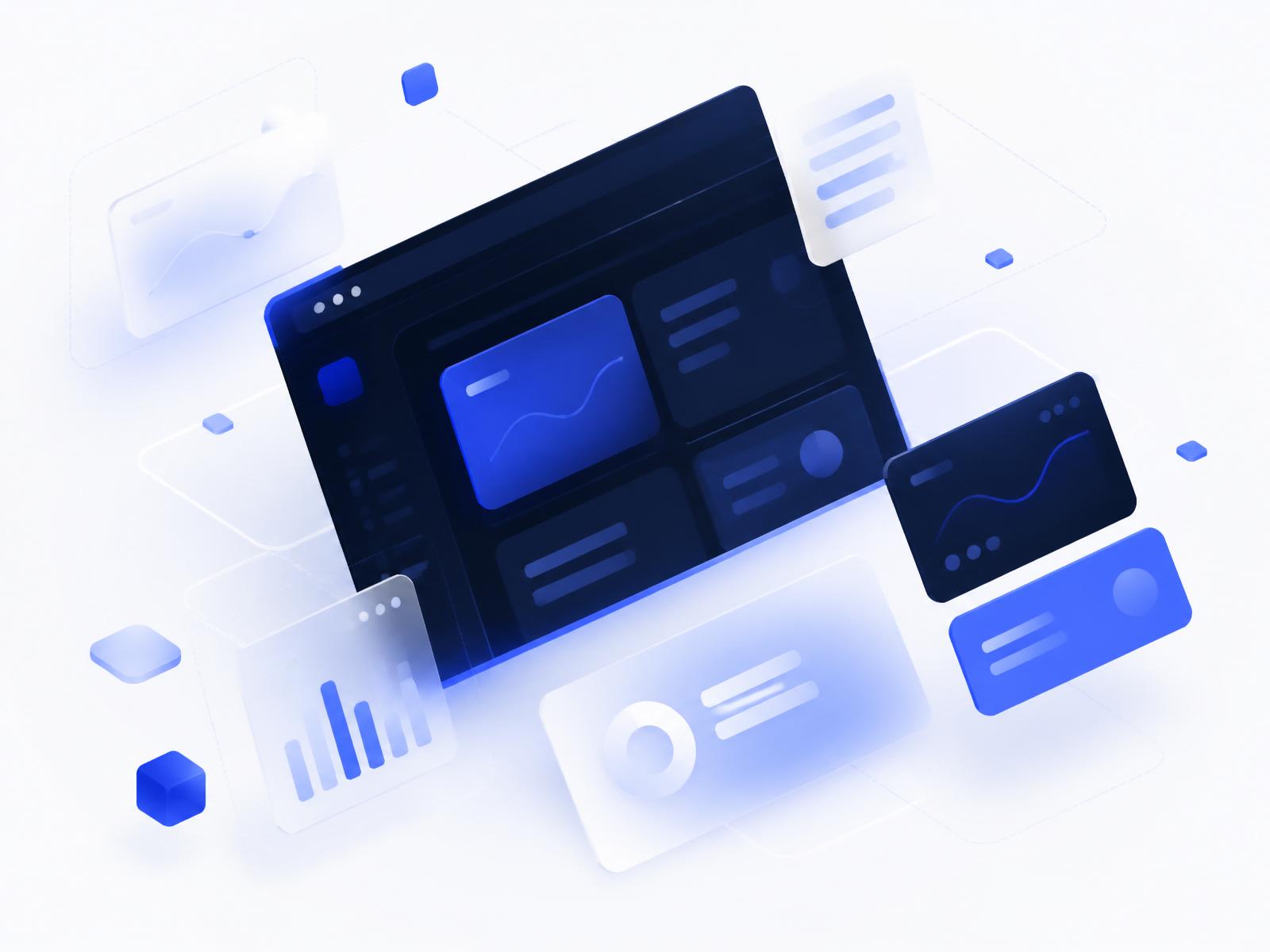 Abstract web design illustration with layered browser and dashboard components